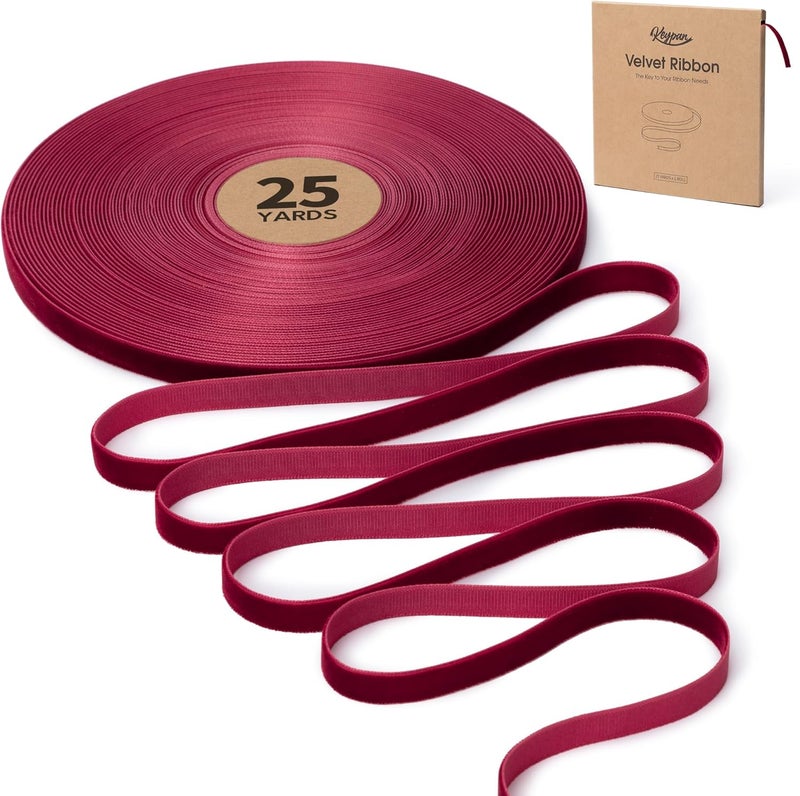Keypan Burgundy Velvet Ribbon 3/8 Inch Handmade Vintage Thin Ribbons for Wrapping Gift Wreath Decoration Ornaments Bow Making Christmas Tree Home Decor, 25 Yd - Image 1